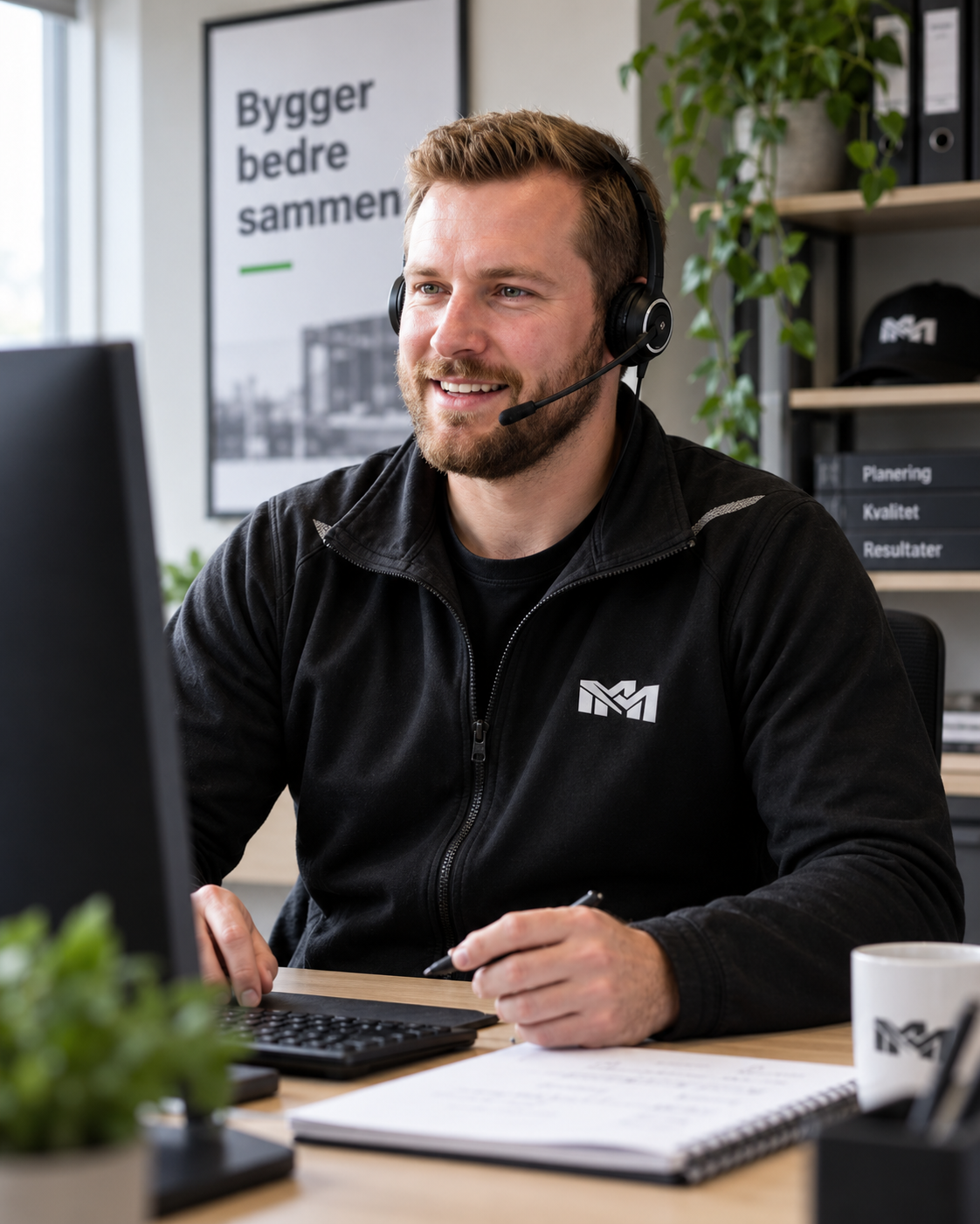 MailMagnets kundeopfølger med headset følger op på et tilbud for håndværkeren